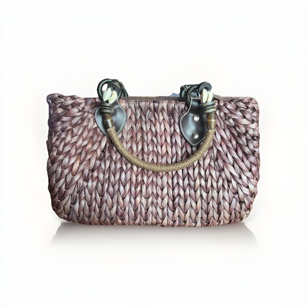Straw Handbag, Sea Shells On Handle. Woven Bag Boho Beach Tropical Bag